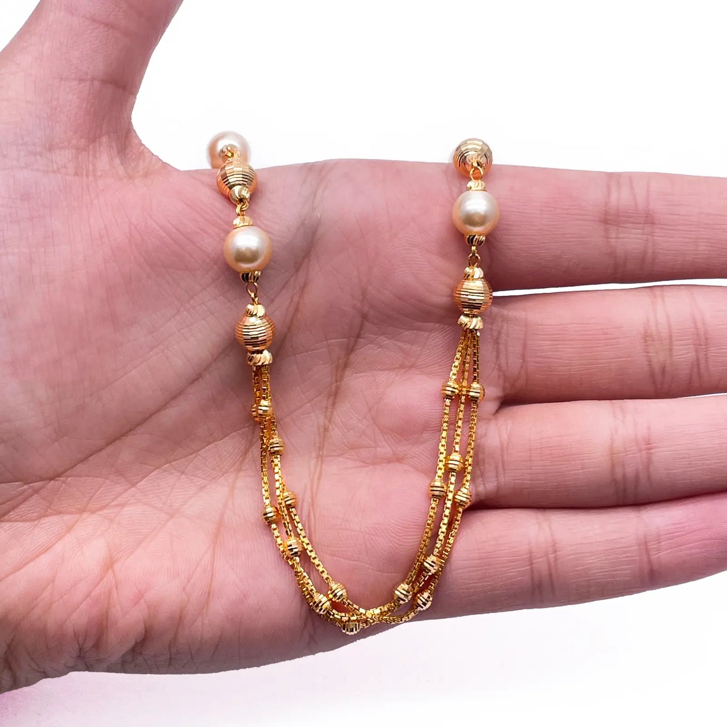 22ct Yellow Gold Pearls & Beaded Diamond Cut Ball Layered Necklace/Earrings Set 