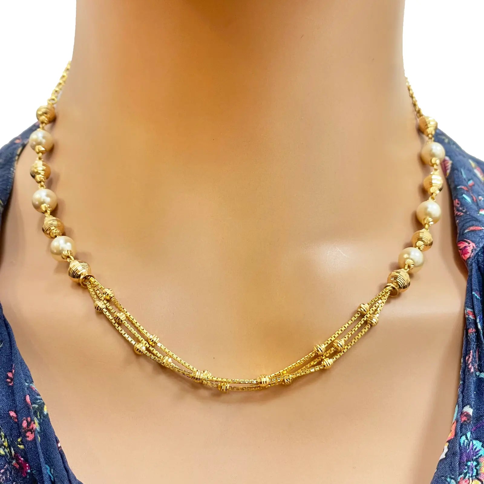 22ct Yellow Gold Pearls & Beaded Diamond Cut Ball Layered Necklace/Earrings Set 