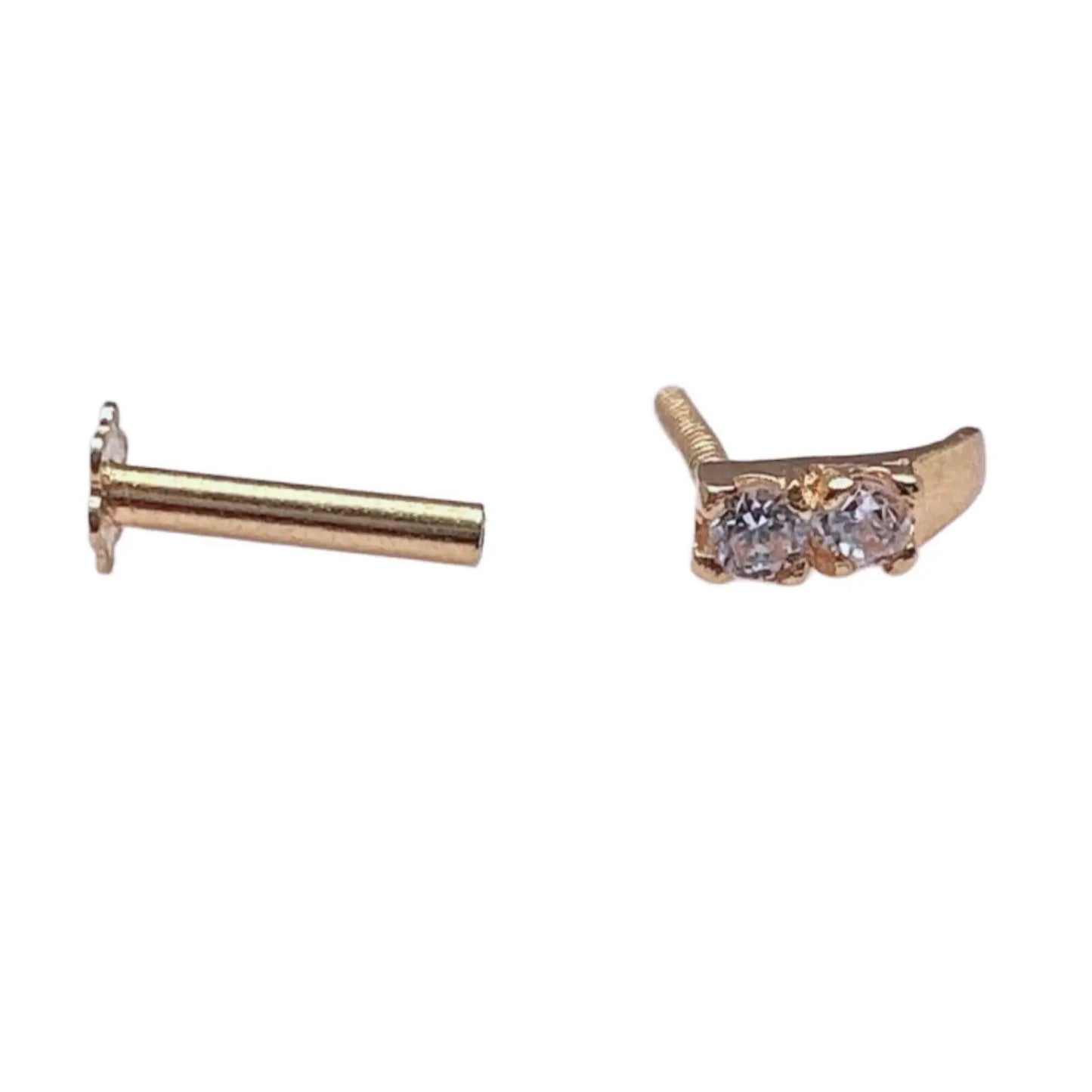 22ct Yellow Gold & Cubic Zirconia Half Hoop Nose Ring Stud Straight Bar 2 Stone 