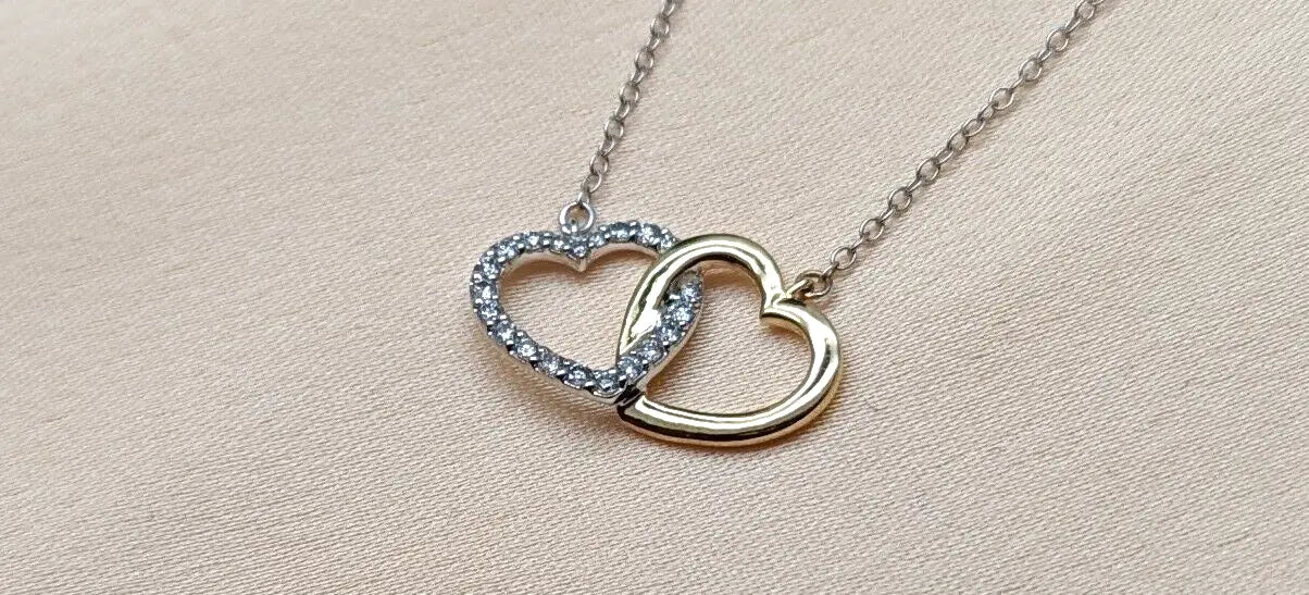 9ct Yellow Gold & Natural Diamonds Double Heart Pendant Necklace Chain 0.20cts 
