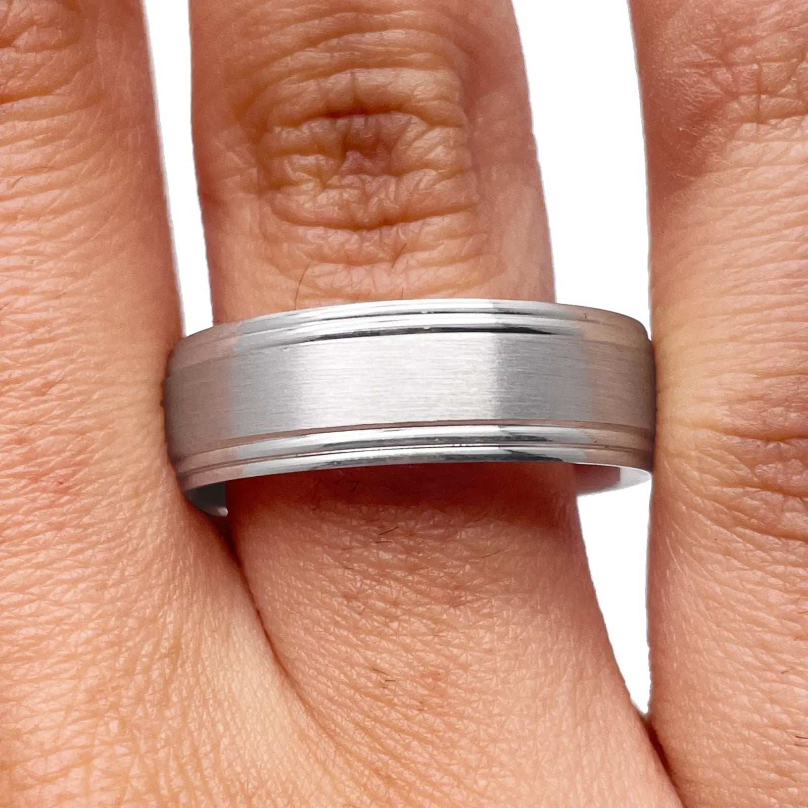 Mens Platinum Wedding Band 7mm Matt Centre & Grooved Edges Heavy Weight  Platinum Ring