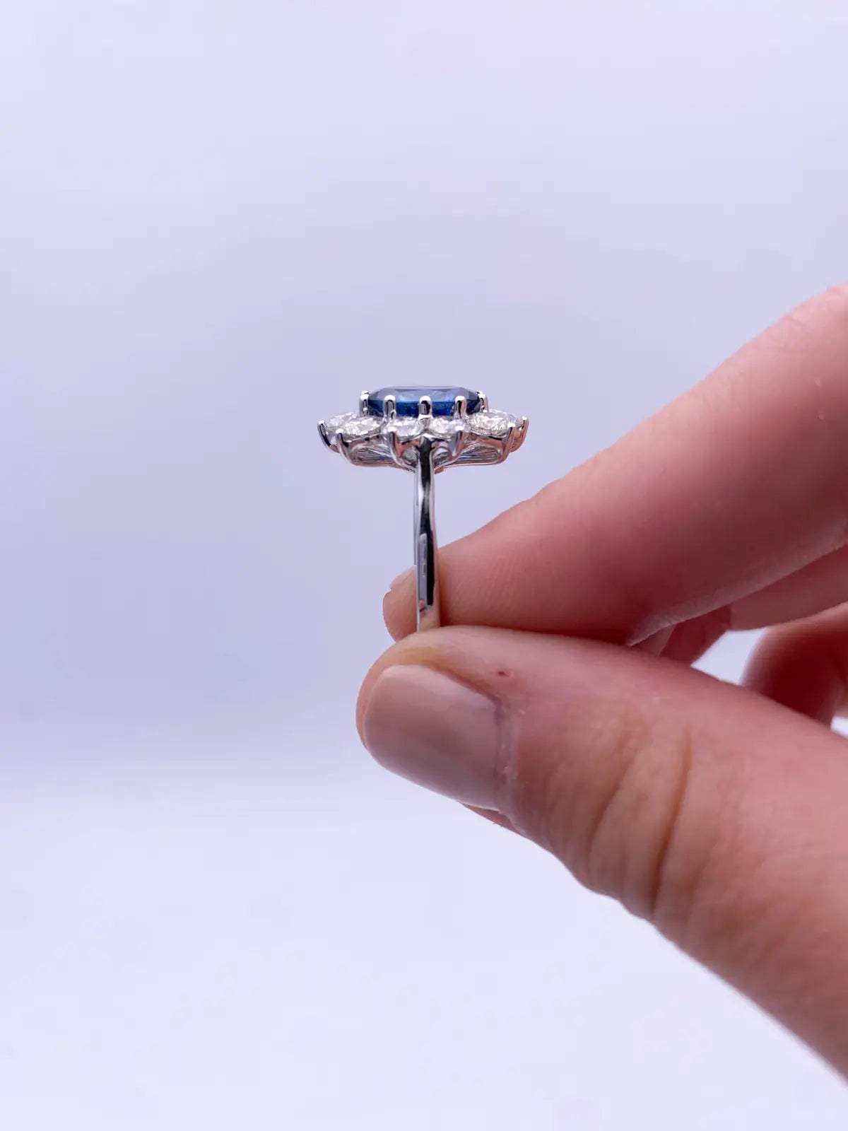 18ct White Gold Natural Blue Sapphire & Diamond Oval Cluster Ring 2.66 carats Raina Jewels